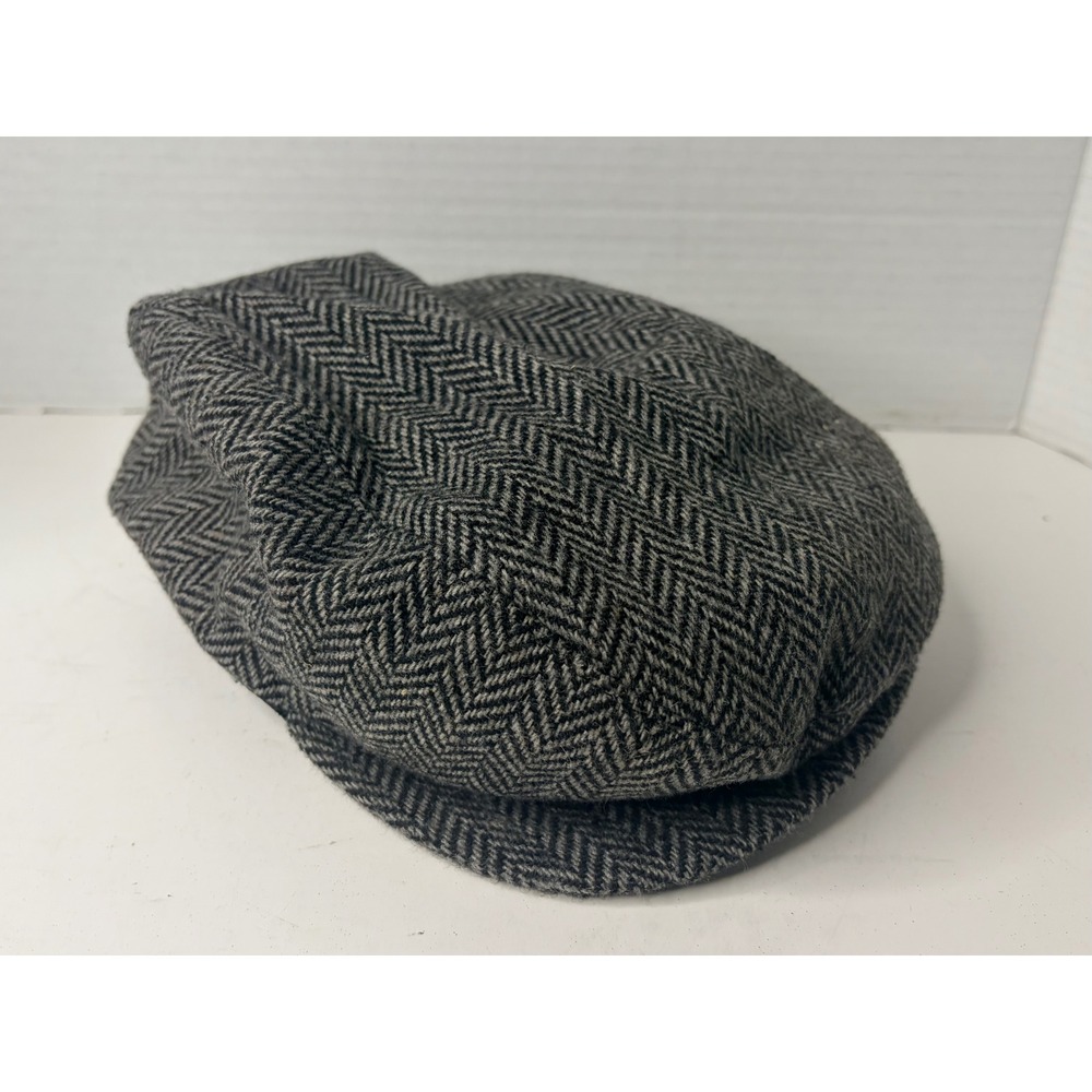 Vintage Herringbone Newsboy Cap Grey Black Wool Flat Hat Made in USA Large 7 1/4